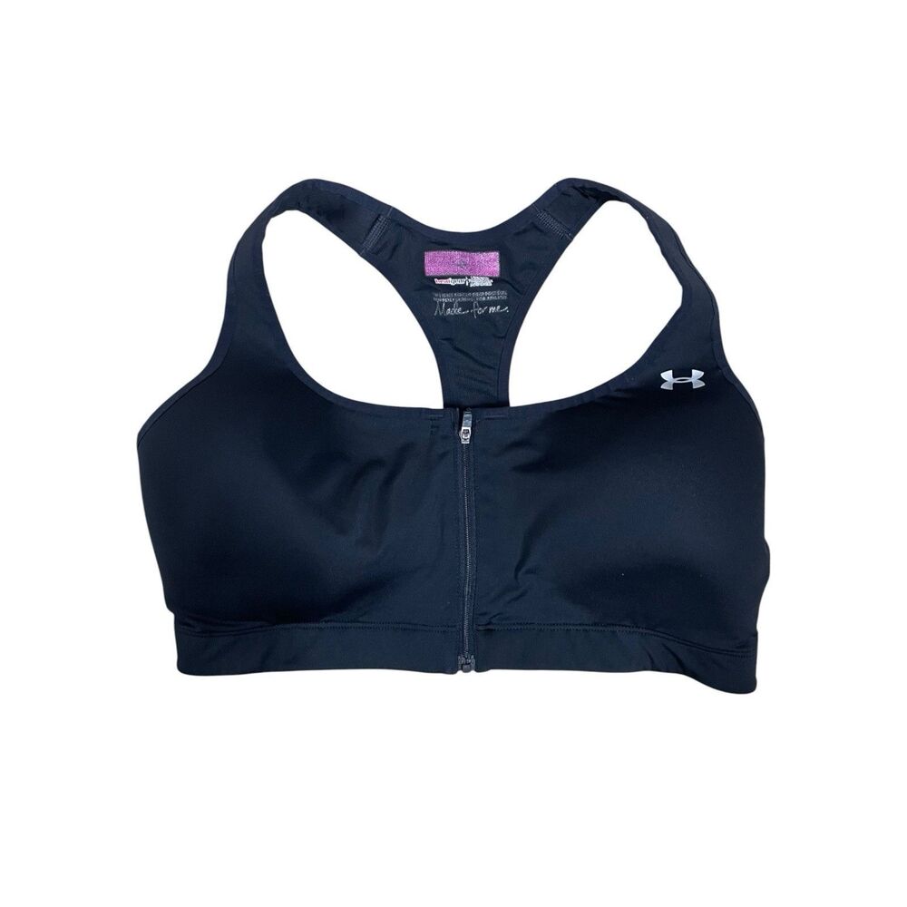 Under Armour HeatGear Front Zip Sports Bra Black Racerback Padded 14”